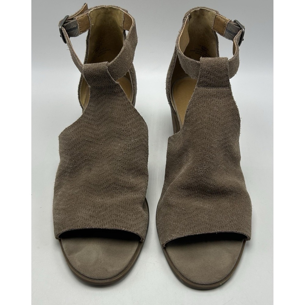 Lucky Brand Sandals Womens 9 M Tan Suede Cutout Open Toe Block Heels Beige